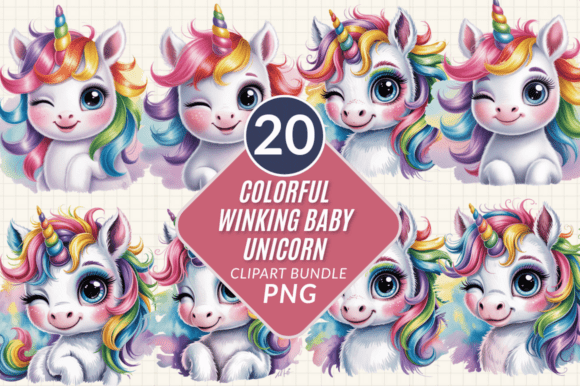 Colorful Winking Baby Unicorn PNG Bundle: A Versatile Digital Asset for Creative Projects